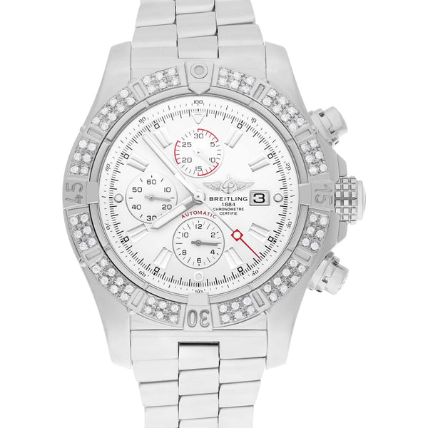 Breitling Super Avenger A13370 48mm Stainless Steel Chronograph White Dial Diamond Bezel