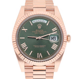 Rolex Day-Date 40 228235-0025 Rose Gold Green Dial Fluted Bezel President Bracelet