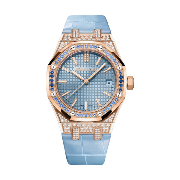 Audemars Piguet Royal Oak 15551OR.ZS.D344CR.01 37mm Pink Gold Light Blue Dial Alligator Strap