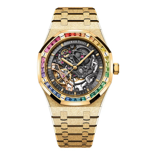 Audemars Piguet Royal Oak 15412BA.YG.1224BA.01-B Frosted Yellow Gold Rainbow Bezel Skeleton Dial