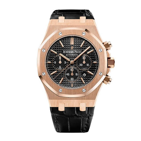 Audemars Piguet Royal Oak 26320OR.OO.D002CR.01 – 41mm Rose Gold, Black Dial, Leather Strap