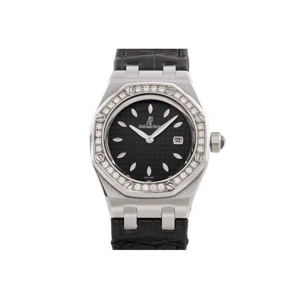 Audemars Piguet Royal Oak 77321ST.ZZ.D002CR.01 – 33mm Steel, Black Dial, Diamond Bezel, Leather Strap