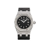 Audemars Piguet Royal Oak 77321ST.ZZ.D002CR.01 – 33mm Steel, Black Dial, Diamond Bezel, Leather Strap