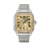 Cartier Santos de Cartier W3SA0007 Medium 35.1mm Steel Diamond Bezel Gold Dial