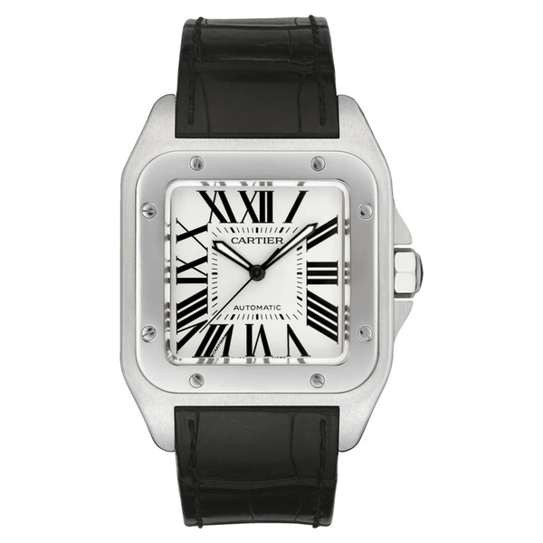 Cartier Santos 100 W20073X8 Silver Dial Black Leather Strap