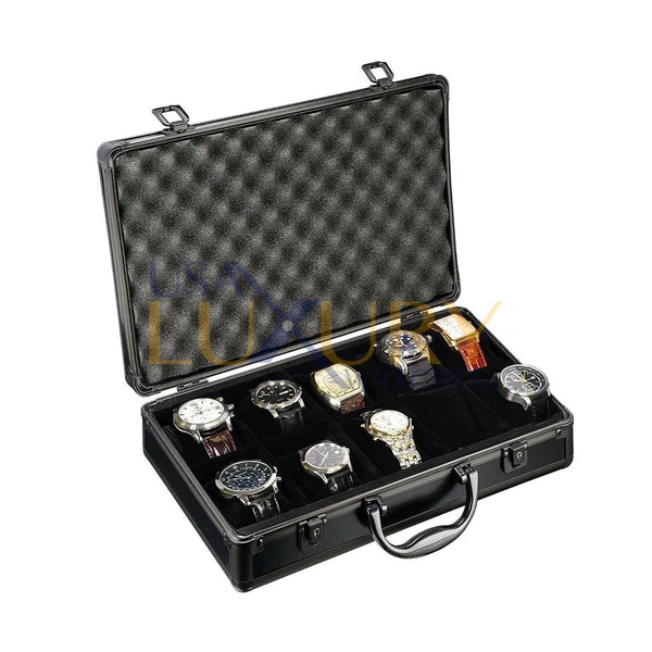 Aluminum Briefcase Watch Storage Case for 10 Watches in Classic Black