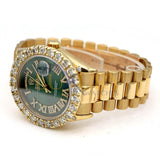 Rolex Day-Date 18038 18k Yellow Gold Green Roman Numeral Dial Aftermarket Diamond Bezel