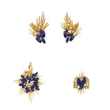 G.Weil Diamond and Sapphire Jewelry Set in 18K Yellow Gold — Ring, Earrings and Brooch