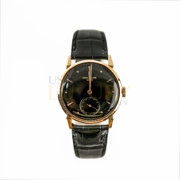 Patek Philippe Calatrava 1578 Rose Gold 35mm Watch with Aftermarket Black Dial and Black Leather Strap