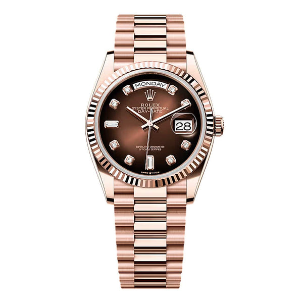Rolex Day-Date 36 128235-0037 Rose Gold Brown Ombré Diamond Dial