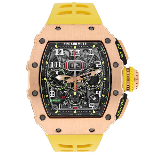 Richard Mille RM11-03 RG Rose Gold Skeleton Dial Watch with Yellow Strap
