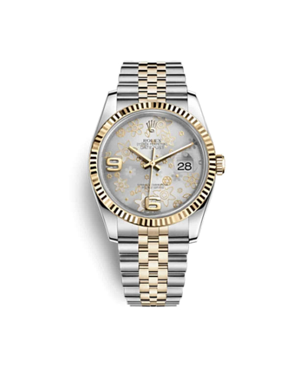 Rolex Datejust 116233 36mm Two-Tone Floral Silver Dial Fluted Bezel Jubilee Bracelet