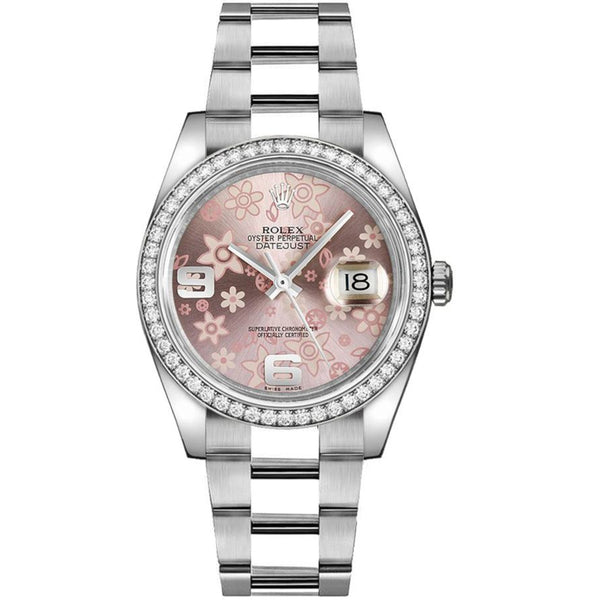 Rolex Datejust 36 116244-0007 Pink Floral Motif Dial Diamond Bezel Oystersteel Oyster Bracelet