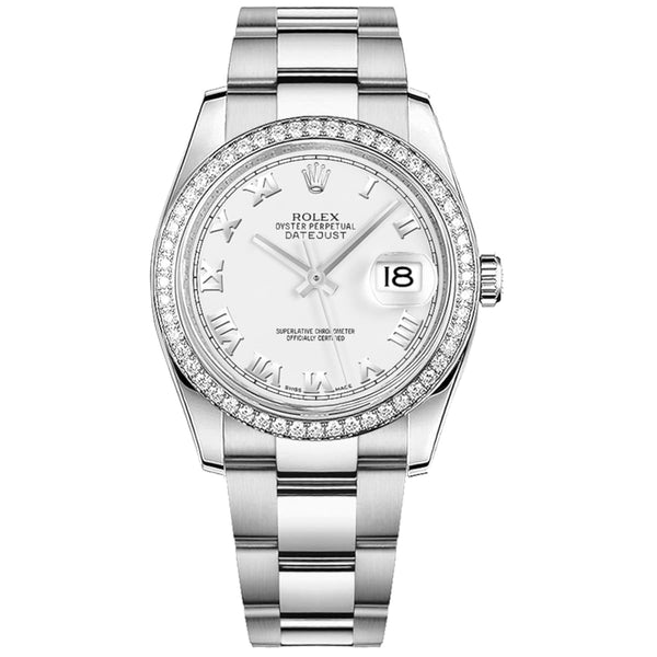 Rolex Datejust 36 Reference 116244-0023 White Roman Numeral Dial Diamond Bezel Oystersteel Oyster Bracelet