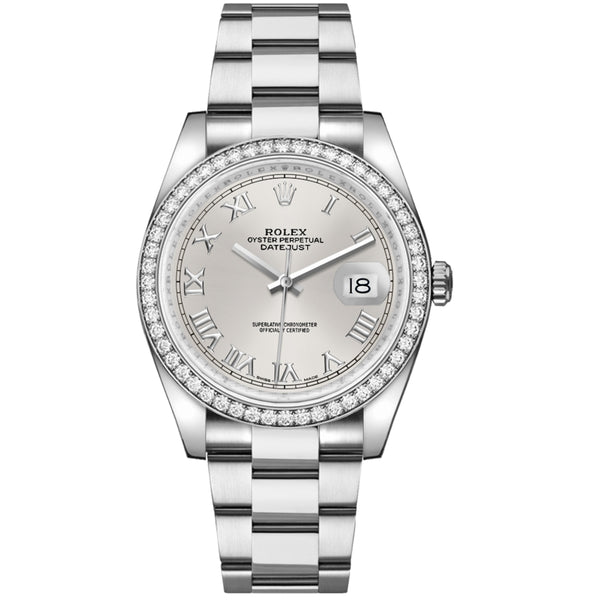Rolex Datejust 36 Reference 116244-0028 Silver Roman Numeral Dial Diamond Bezel Oystersteel Oyster Bracelet