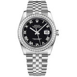Rolex Datejust 36 Reference 116244-0045 Black Roman Numeral Dial Diamond Bezel Oystersteel Jubilee Bracelet