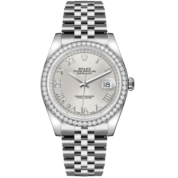 Rolex Datejust 36 116244-0055 Silver Roman Numeral Dial Diamond Bezel Jubilee Bracelet