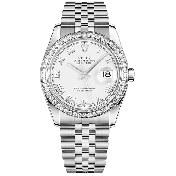 Rolex Datejust 36 Reference 116244 White Roman Numeral Dial Diamond Bezel Jubilee Bracelet