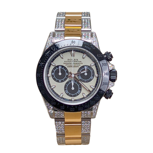 Rolex Daytona 116523 40mm Two-Tone Black PVD Bezel Custom Dial Aftermarket Iced Out Bracelet and Lugs