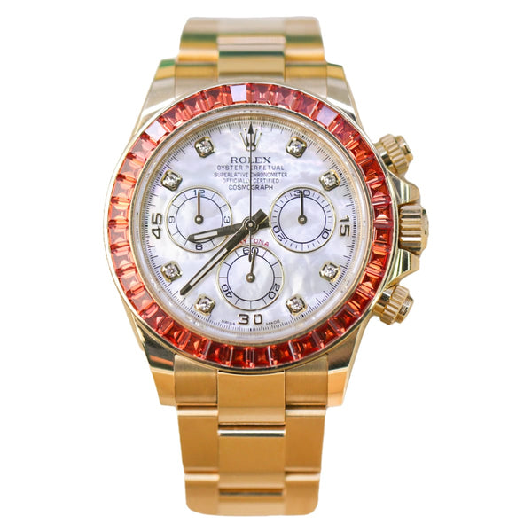 Rolex Cosmograph Daytona 116578SACO 40mm Yellow Gold Orange Sapphire Bezel Mother-of-Pearl Diamond Dial