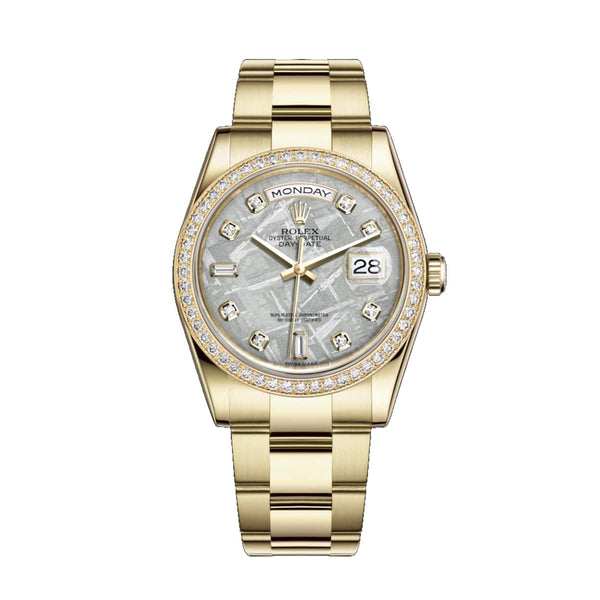 Rolex Day-Date 118348 36mm Yellow Gold Diamond Bezel Meteorite Dial Oyster Bracelet