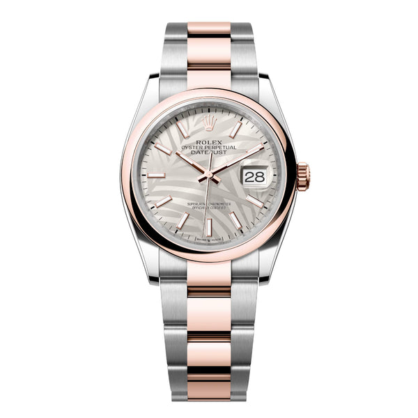 Rolex Datejust 36 126201-0032 Silver Palm Motif Dial Everose Rolesor Oyster Bracelet