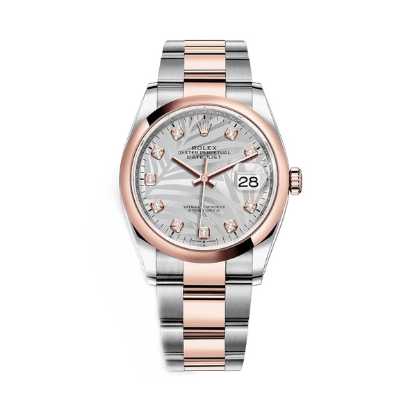 Rolex Datejust 36 126201-0038 Silver Palm Motif Dial Everose Rolesor Oyster Bracelet Watch