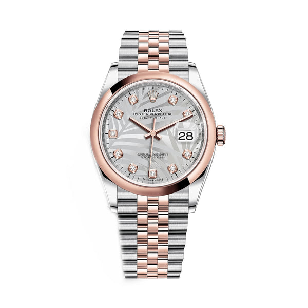 Rolex Datejust 36 126201-0037 Silver Palm Motif Diamond Dial Everose Rolesor Jubilee Bracelet Watch
