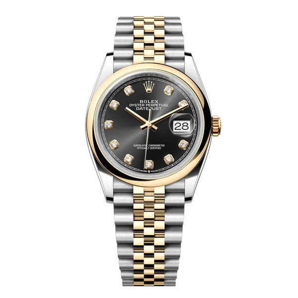 Rolex Datejust 36 126203-0021 Black Diamond Dial Yellow Rolesor Domed Bezel Jubilee Bracelet
