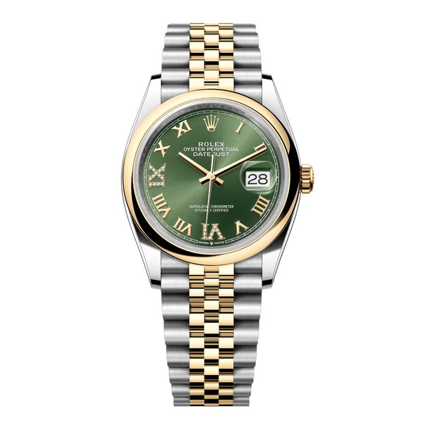 Rolex Datejust 36 126203-0025 Olive Green Diamond Dial Yellow Rolesor Domed Bezel Jubilee Bracelet