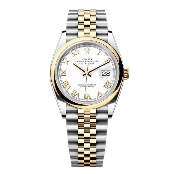 Rolex Datejust 36 126203-0029 White Roman Dial Yellow Rolesor Domed Bezel Jubilee Bracelet