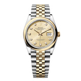 Rolex Datejust 36 126203-0045 Champagne Fluted Motif Diamond Dial Yellow Rolesor Domed Bezel Jubilee Bracelet
