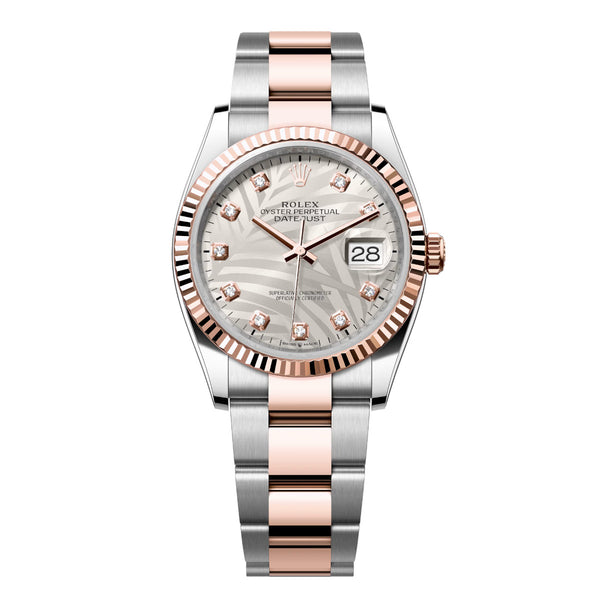 Rolex Datejust 36 Reference 126231-0038 Silver Palm Motif Diamond Dial Fluted Bezel Oyster Bracelet