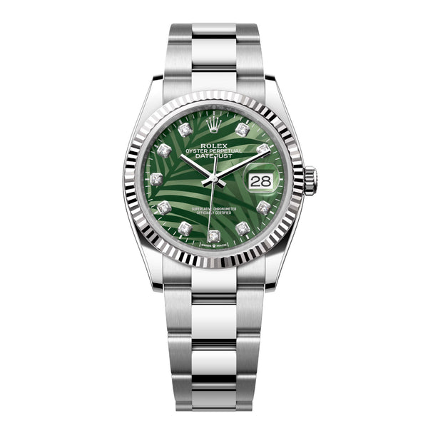 Rolex Datejust 36 Reference 126234-0056 Olive Green Palm Motif Diamond Dial