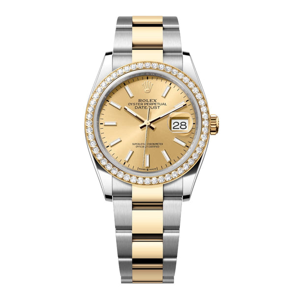 Rolex Datejust 36 126283RBR-0002 Champagne Dial Diamond-Set Bezel Yellow Rolesor Oyster Bracelet