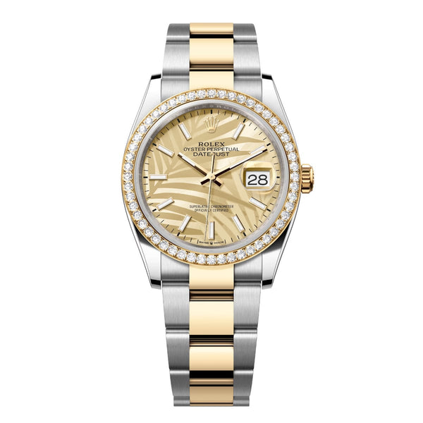 Rolex Datejust 36 Reference 126283RBR-0024 Golden Palm Motif Dial Diamond-Set Bezel Oyster Bracelet
