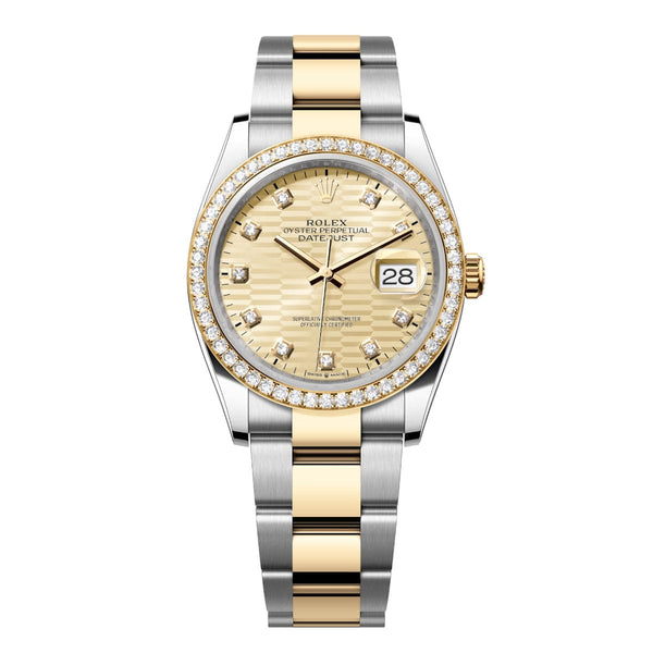 Rolex Datejust 36 Reference 126283RBR-0032 Golden Fluted Motif Diamond Dial and Bezel Oyster Bracelet