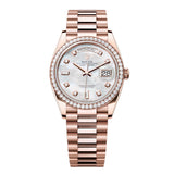 Rolex Day-Date 36 Reference 128345RBR-0028 Everose Gold Diamond-Set Bezel White Mother-of-Pearl Dial President Bracelet
