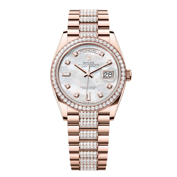 Rolex Day-Date 36 128345RBR-0030 Everose Gold Diamond-Set President Bracelet White Mother-of-Pearl Dial
