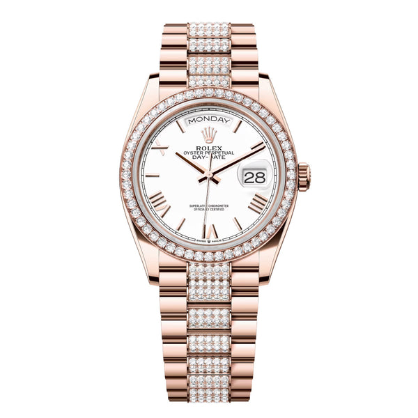 Rolex Day-Date 36 128345RBR-0071 White Roman Numeral Dial Everose Gold Diamond President Bracelet