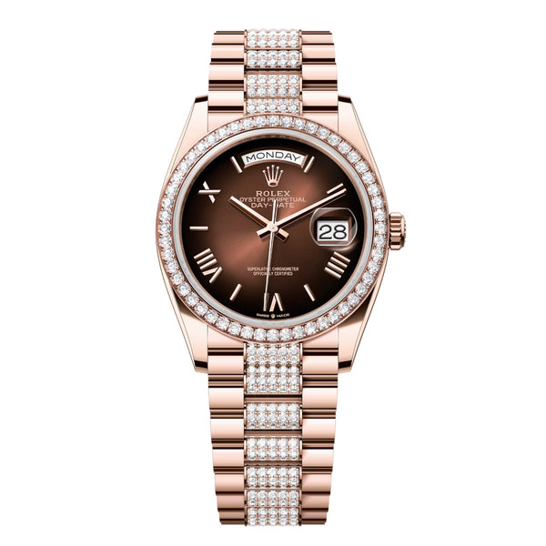 Rolex Day-Date 36 128345RBR-0076 Brown Ombré Dial Everose Gold Diamond President Bracelet