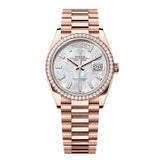 Rolex Day-Date 36 Reference 128345RBR-0077 Everose Gold Diamond Bezel White Mother-of-Pearl Dial President Bracelet