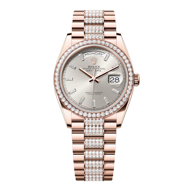 Rolex Day-Date 36 Reference 128345RBR-0082 Everose Gold Diamond President Bracelet Silver Dial