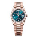 Rolex Day-Date 36 Reference 128345RBR-0083 Everose Gold Diamond-Set Blue-Green Dial President Bracelet