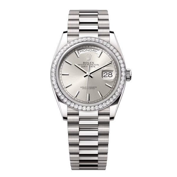 Rolex Day-Date 36 128349RBR-0001 Silver Dial Diamond Bezel White Gold President Bracelet