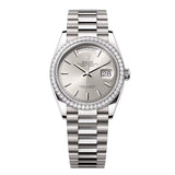 Rolex Day-Date 36 128349RBR-0001 Silver Dial Diamond Bezel White Gold President Bracelet