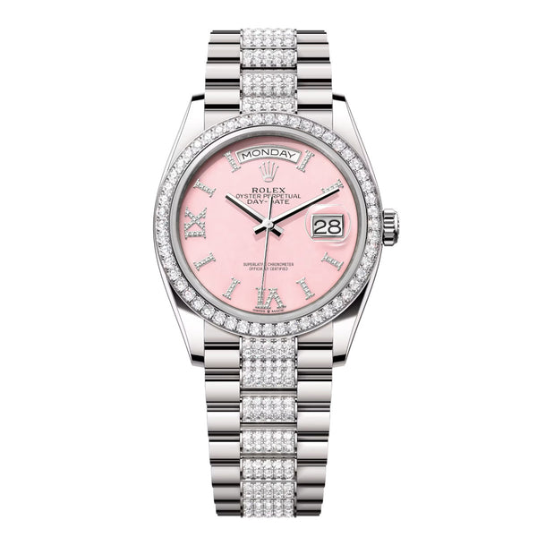 Rolex Day-Date 36 Reference 128349RBR-0017 Pink Opal Dial Diamond-Set President Bracelet