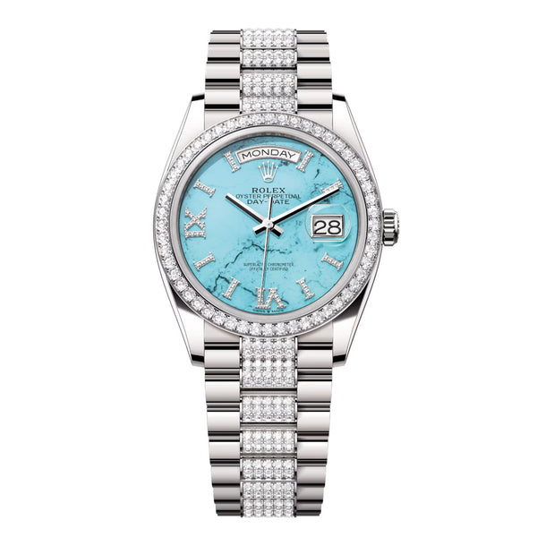 Rolex Day-Date 36 Reference 128349RBR-0032 Turquoise Diamond Dial White Gold President Bracelet