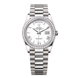 Rolex Day-Date 36 Reference 128349RBR-0046 White Dial Diamond Bezel White Gold President Bracelet