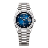 Rolex Day-Date 36 Reference 128349RBR-0047 Blue Ombré Dial Diamond Bezel White Gold President Bracelet